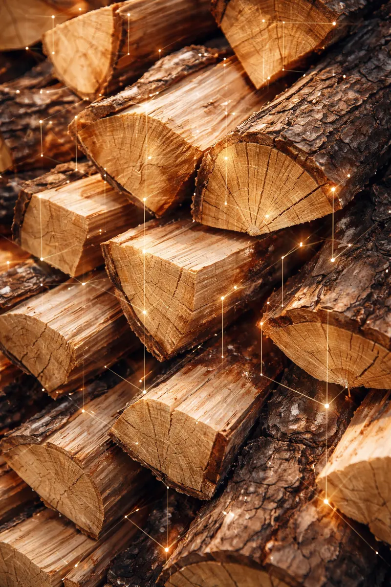 Grumes de bois empilées, sections claires et écorce sombre, traversées de fins traits lumineux.